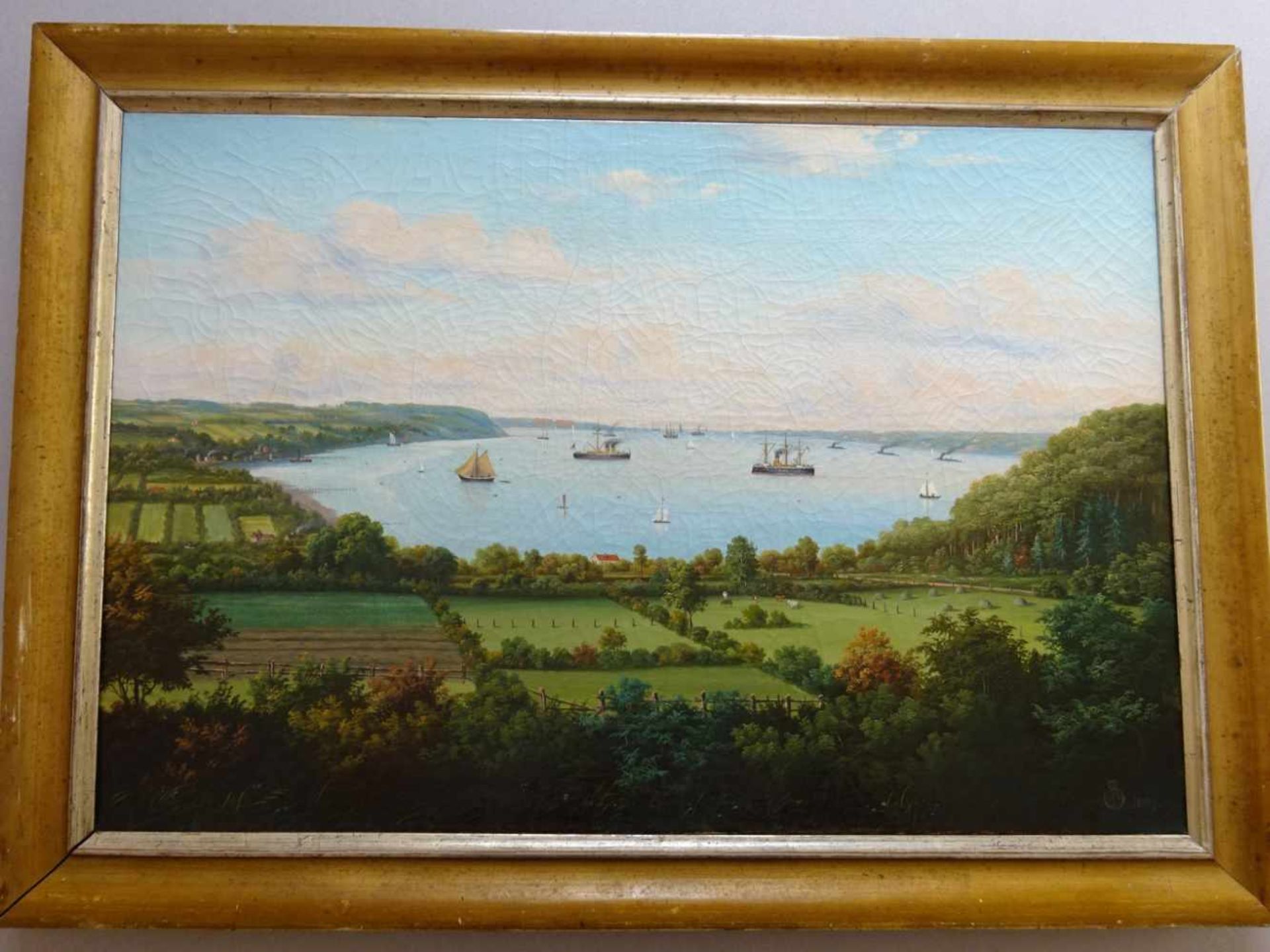 Dänische Kunst.- Anonym.-Bucht mit Schiffen. Öl auf Leinwand von 1889. Unten rechts - Bild 2 aus 7