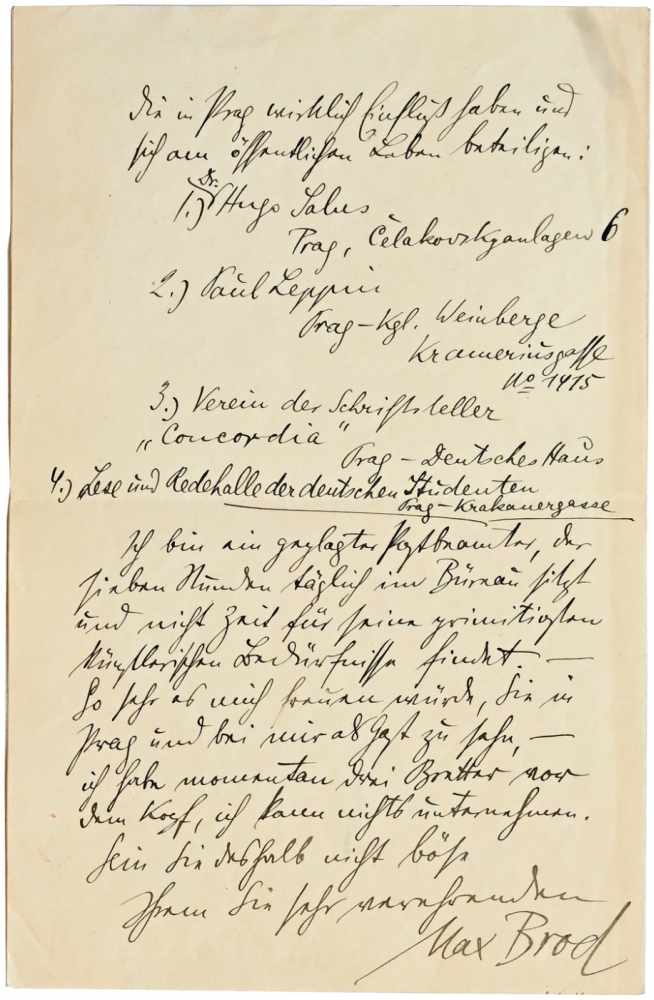 Brod, Max.Eigenhändiger Brief mit Unterschrift an Erich Mühsam (Schriftsteller; 1878-1934).