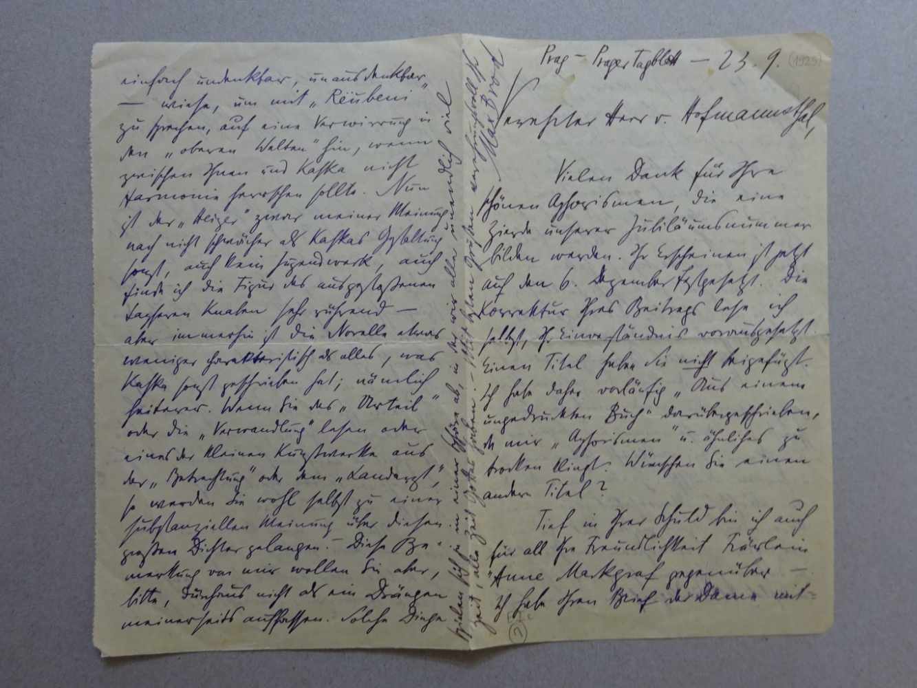 Brod, Max.Eigenhändiger Brief mit Unterschrift an Hugo von Hofmannsthal (Schriftsteller; 1874-1929). - Image 2 of 4