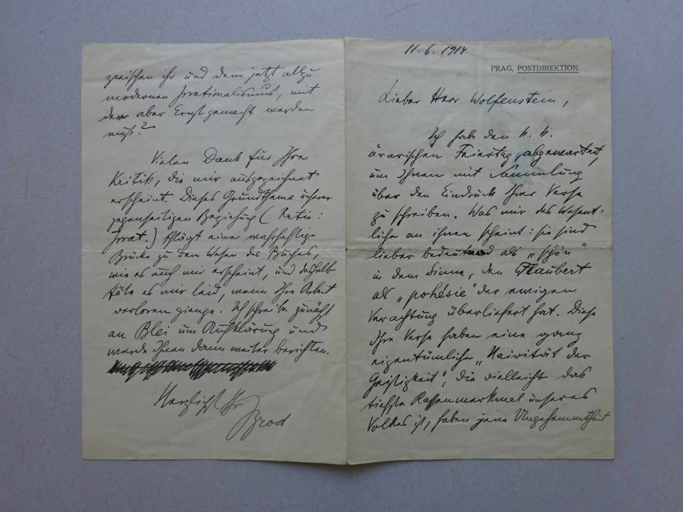 Brod, Max.Eigenhändiger Brief mit Unterschrift an Alfred Wolfenstein (Lyriker; 1883-1945).