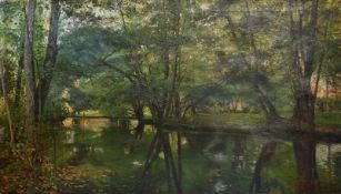 Dänische Kunst.- Winther, Frederik(Kopenhagen 1853 - 1916 Frederiksberg). Fluss im Wald. Öl auf