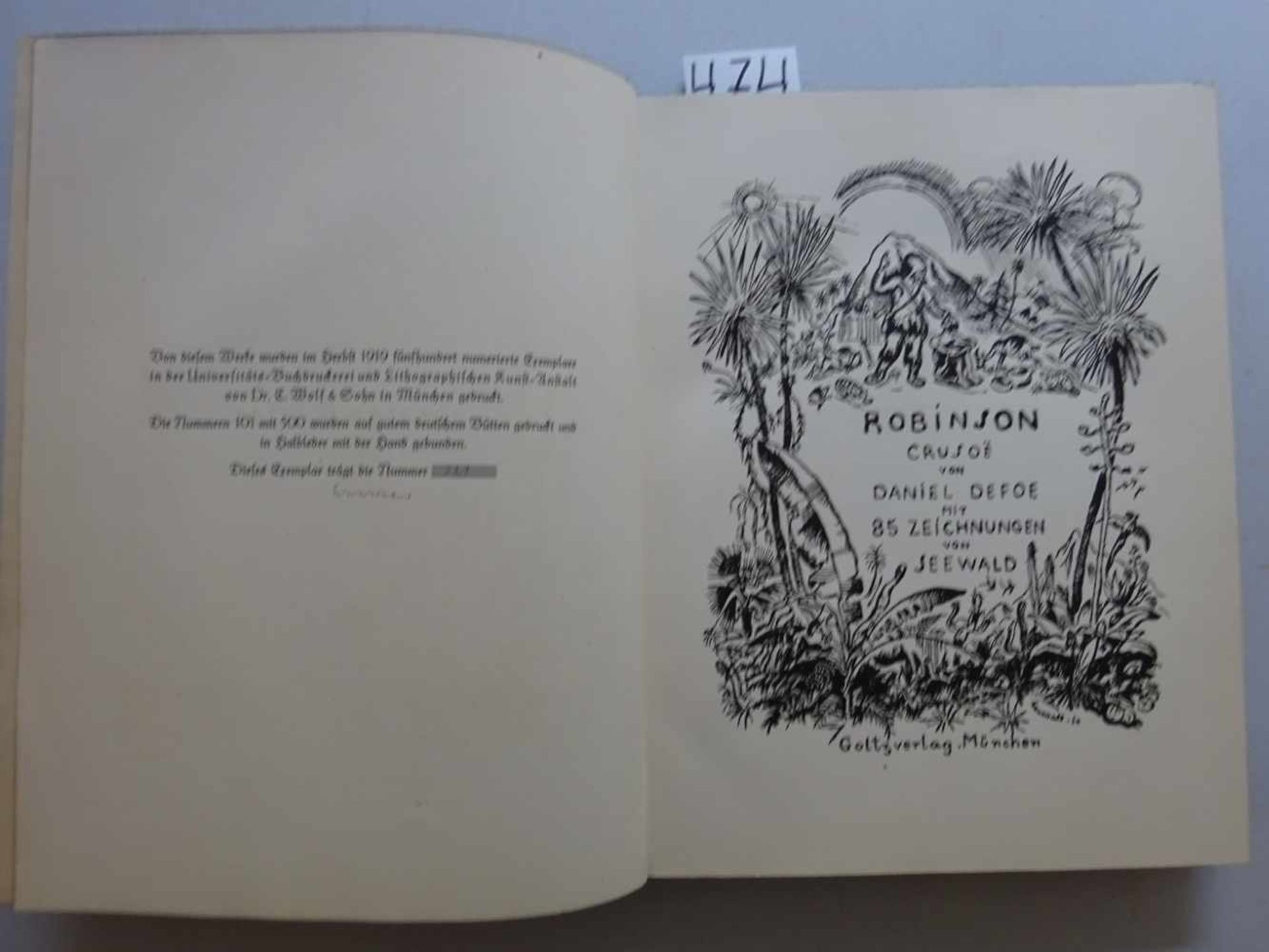 Pressendrucke.- Defoe, D.Robinson Crusoe. München, Goltz, 1919. 4 Bll., 317 S. Mit 85 Illustrationen - Bild 2 aus 6