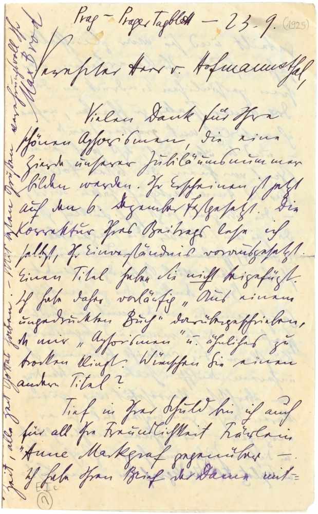 Brod, Max.Eigenhändiger Brief mit Unterschrift an Hugo von Hofmannsthal (Schriftsteller; 1874-1929).