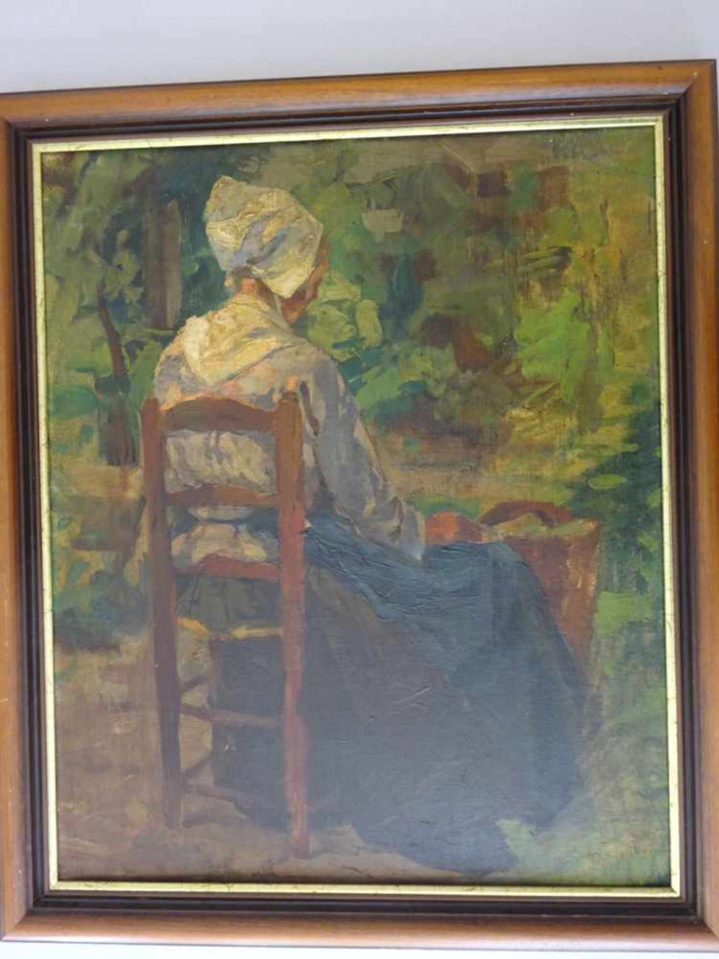 Tiedjen, Willy (?)(Hamburg 1881 - 1950 München). Sitzende Frau mit Haube. Öl auf Hartfaser. (Um
