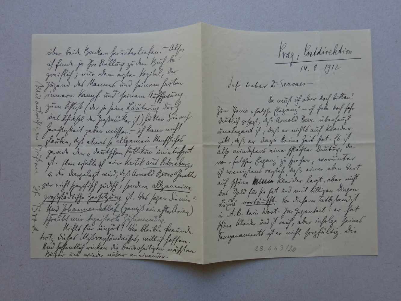 Brod, Max.Eigenhändiger Brief mit Unterschrift an Franz Servaes (Journalist, Kritiker; 1862-1947).