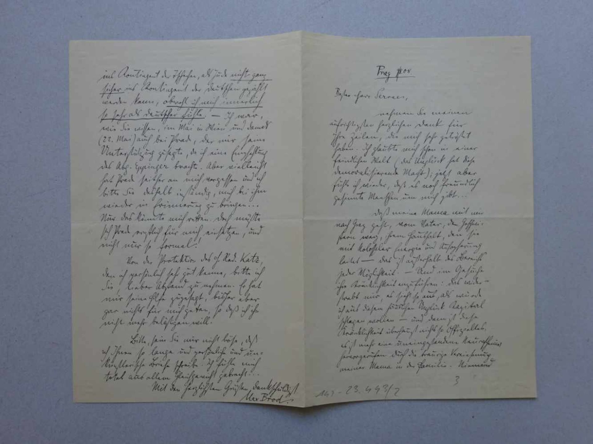 Brod, Max.Eigenhändiger Brief mit Unterschrift an Franz Servaes (Journalist, 1862-1947). Datiert '