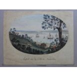 Hamburg.-Aussicht über die Elbe bei Neumühlen. Altkolor. Kupferstich (im oval) von 'J.B.' Nr. 2.