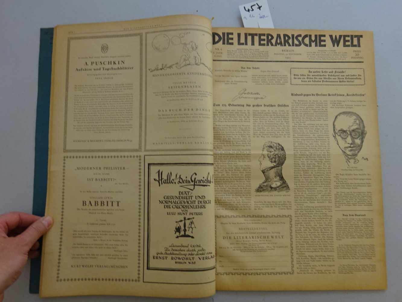 Literarische Welt, Die.Hrsg. von Willy Haas (u. Karl Rauch). Jgge. 1-10 in 9 Bdn. sowie 39 - Image 2 of 4