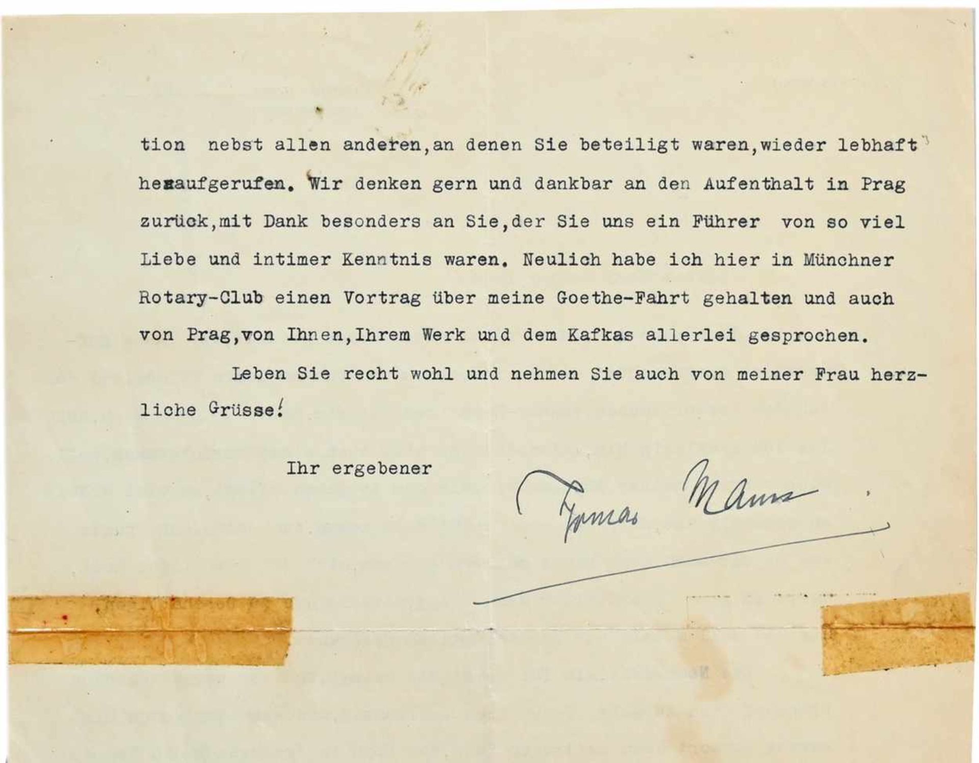Brod, Max.- Mann, Thomas (Schriftsteller; 1875-1955). Maschinenschriftlicher Brief mit eigenhändiger