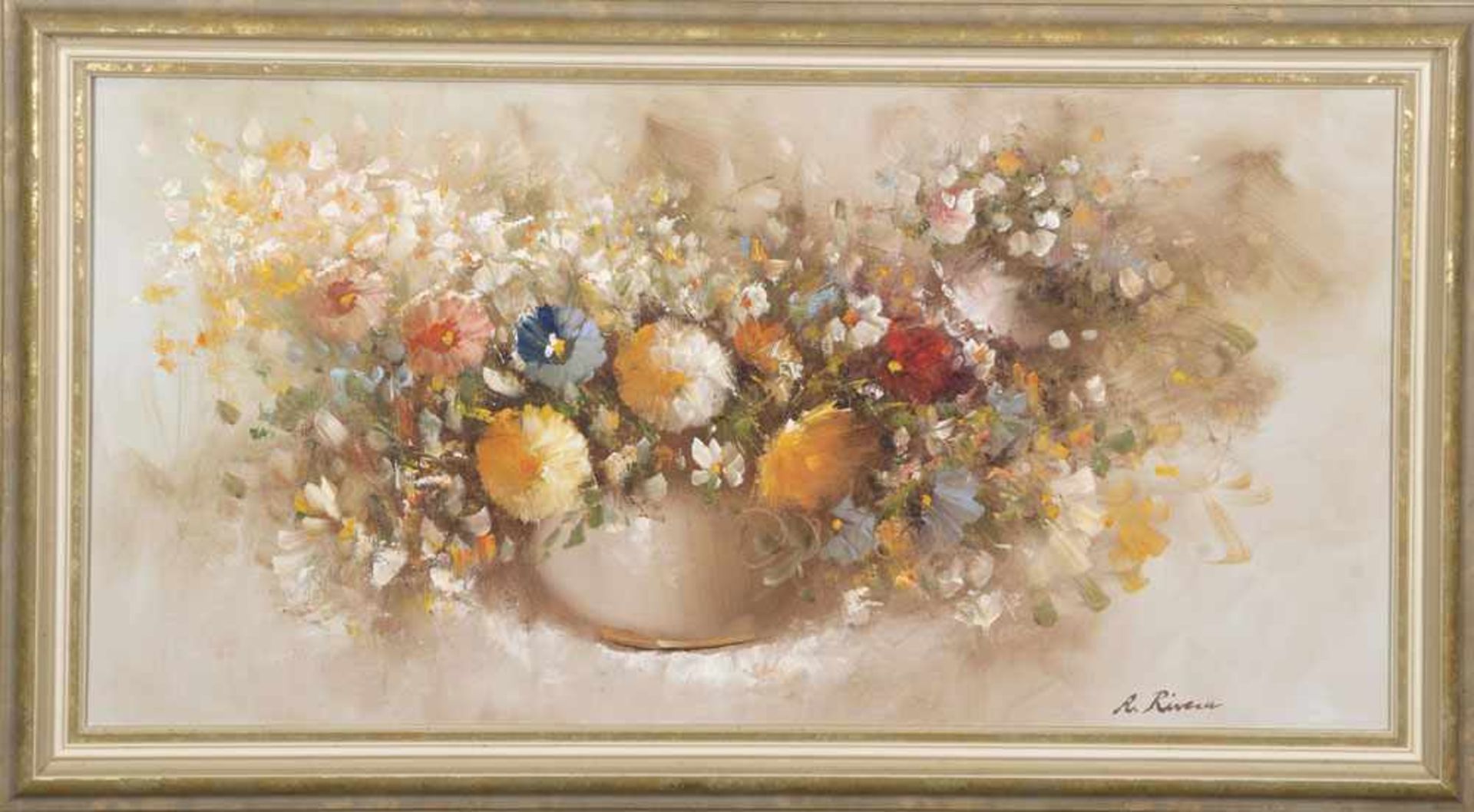 A. Rivera (Maler des 20. Jhs.). Blumenstillleben. Öl/Lw., li./u./sign., gerahmt, 50 x 100 cm.