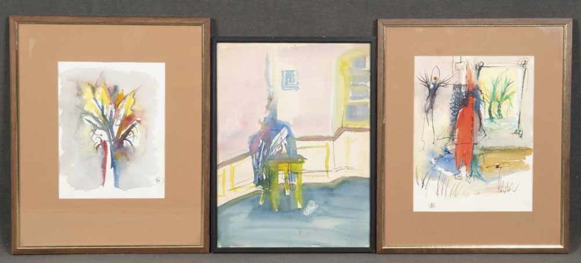 Rudi Scholz (Maler des 20. Jhs.). Interieur und zwei abstrahierte Kompositionen. Drei Aquarelle/