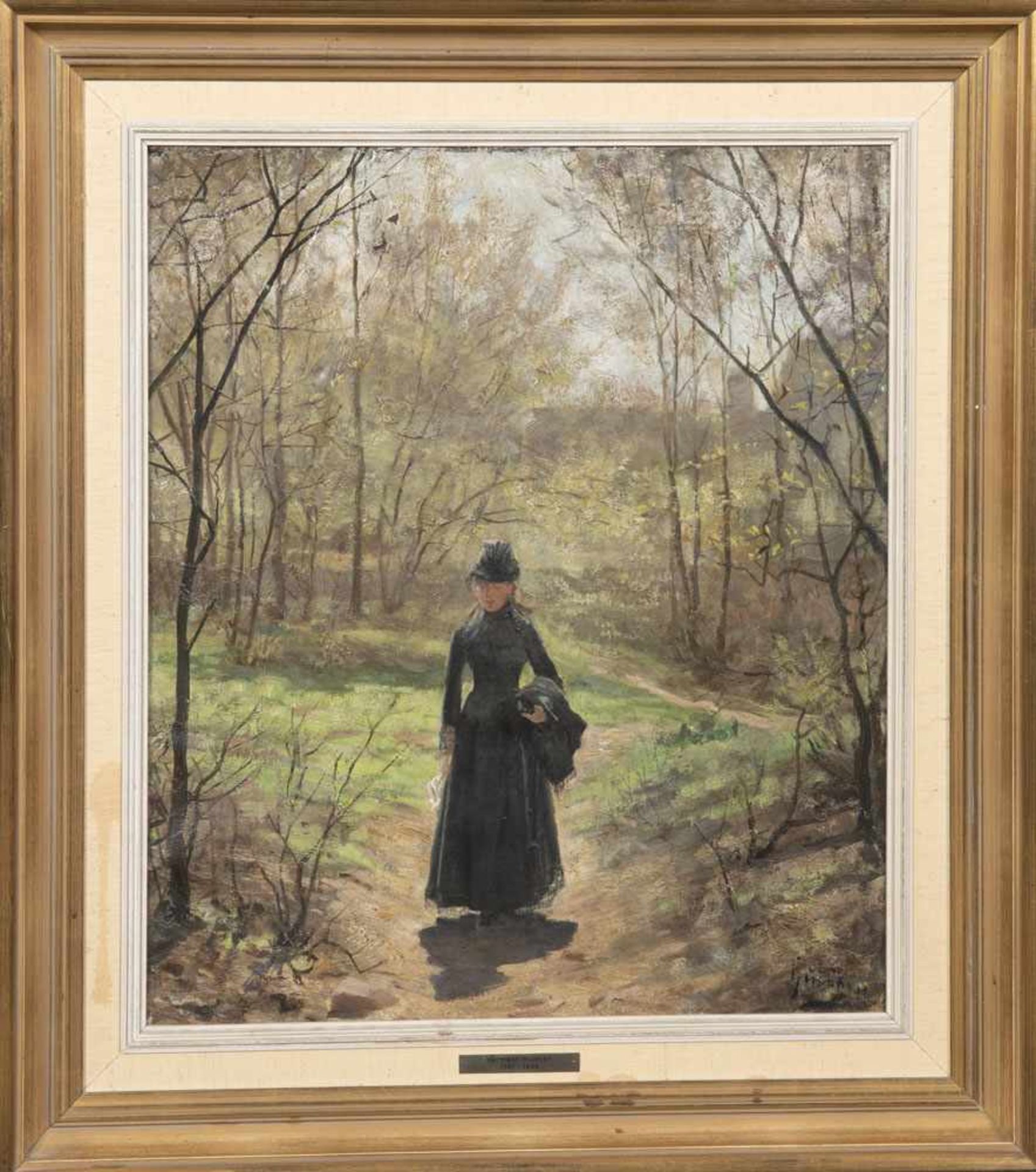 Hermann Huisken (1861-1899). Dame in Waldlandschaft. Öl/Lw., re./u./sign., gerahmt, 53 x 44,5 cm.