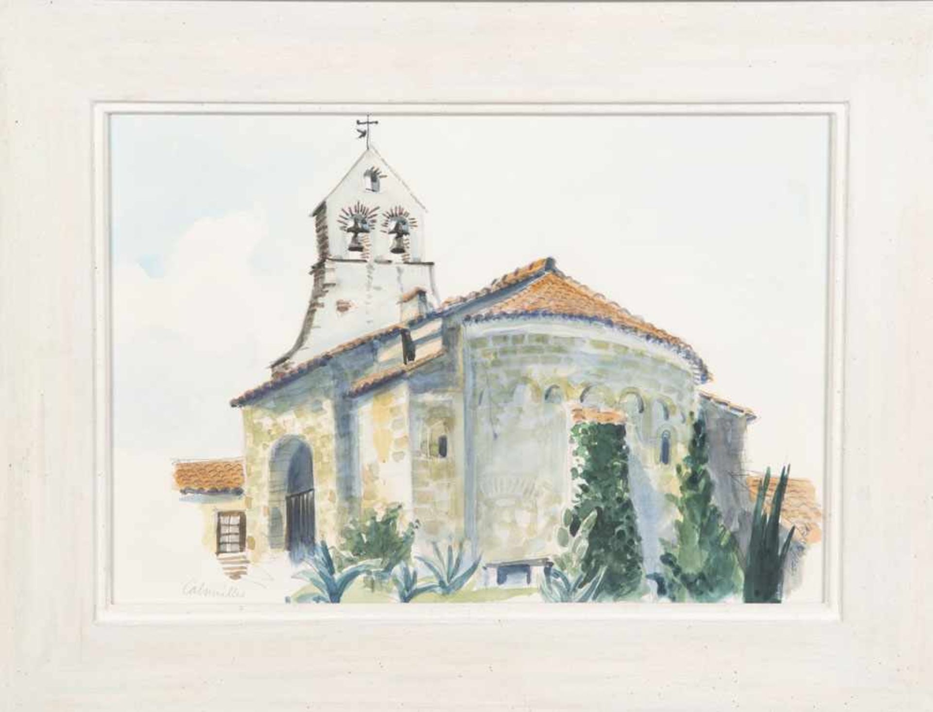 Kurt Loderstedt (c. 1915 - c. 1987). Kirche von Calmeilles. Aquarell/Papier, re./u./sign., li./