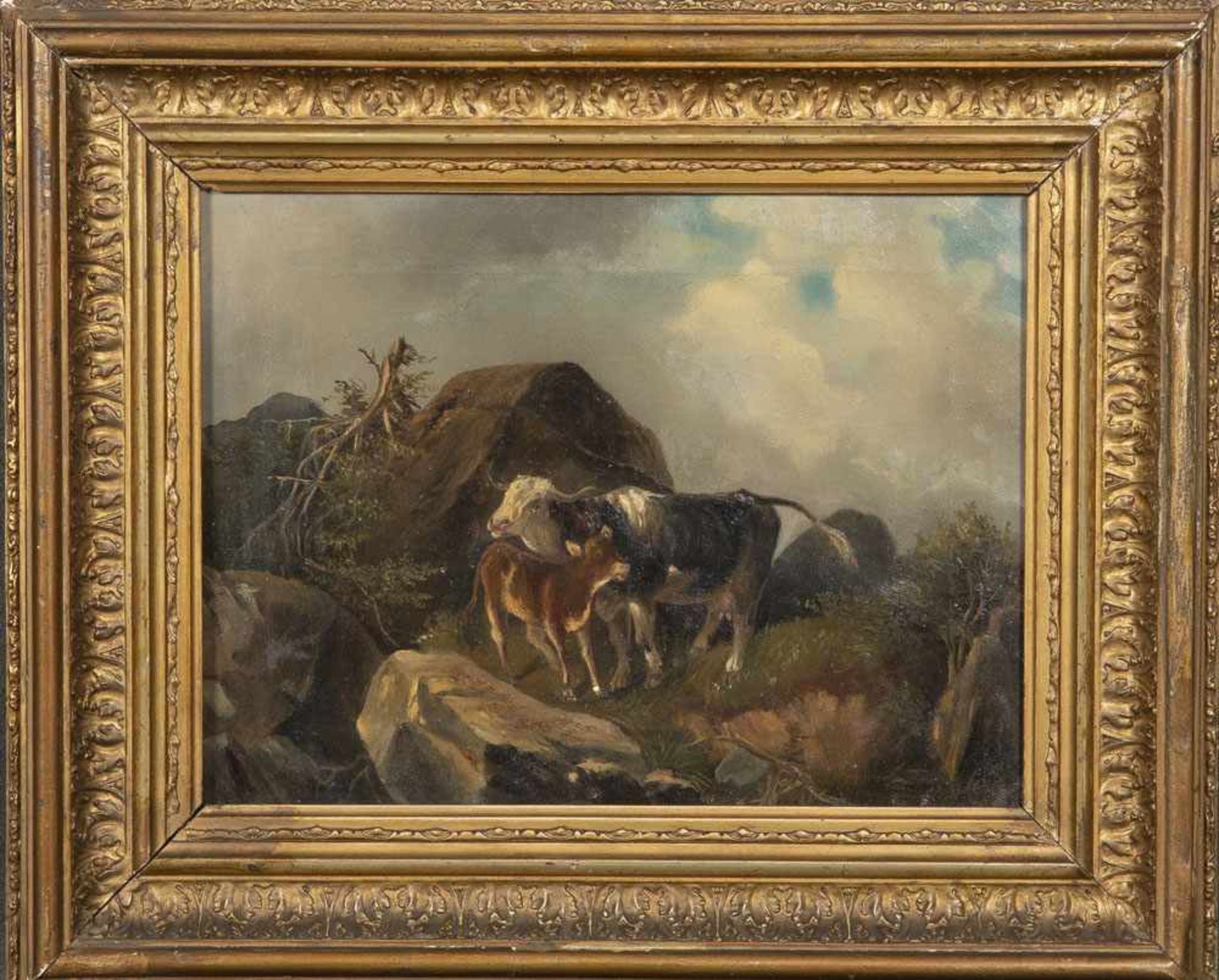 Maler des 19. Jhs. Vieh in Gebirgslandschaft. Öl/Lw., gerahmt, 25 x 33 cm.