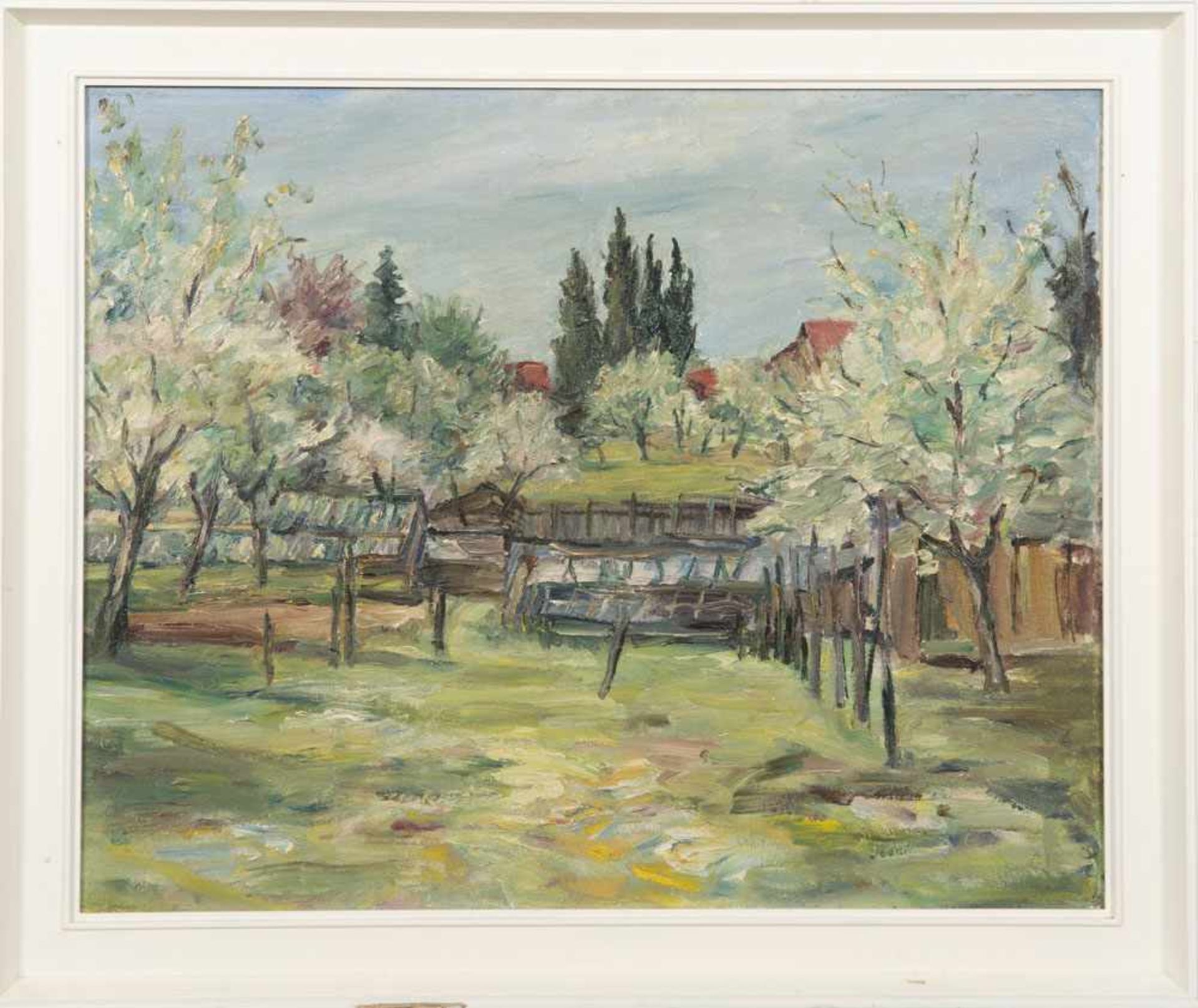 Hans Rolf Peter (geb. 1926) attr. Streuobstwiese im Frühling. Öl/Lw., gerahmt, 59,5 x 74 cm.