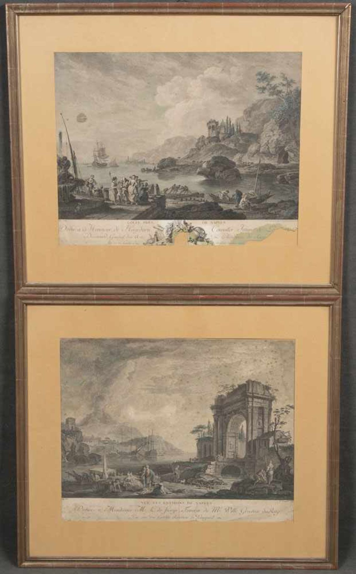 Pierre Charles Le Mettay (1726-1759). Zwei Ansichten des Golfes von Neapel. Colorierte Kupferstiche,