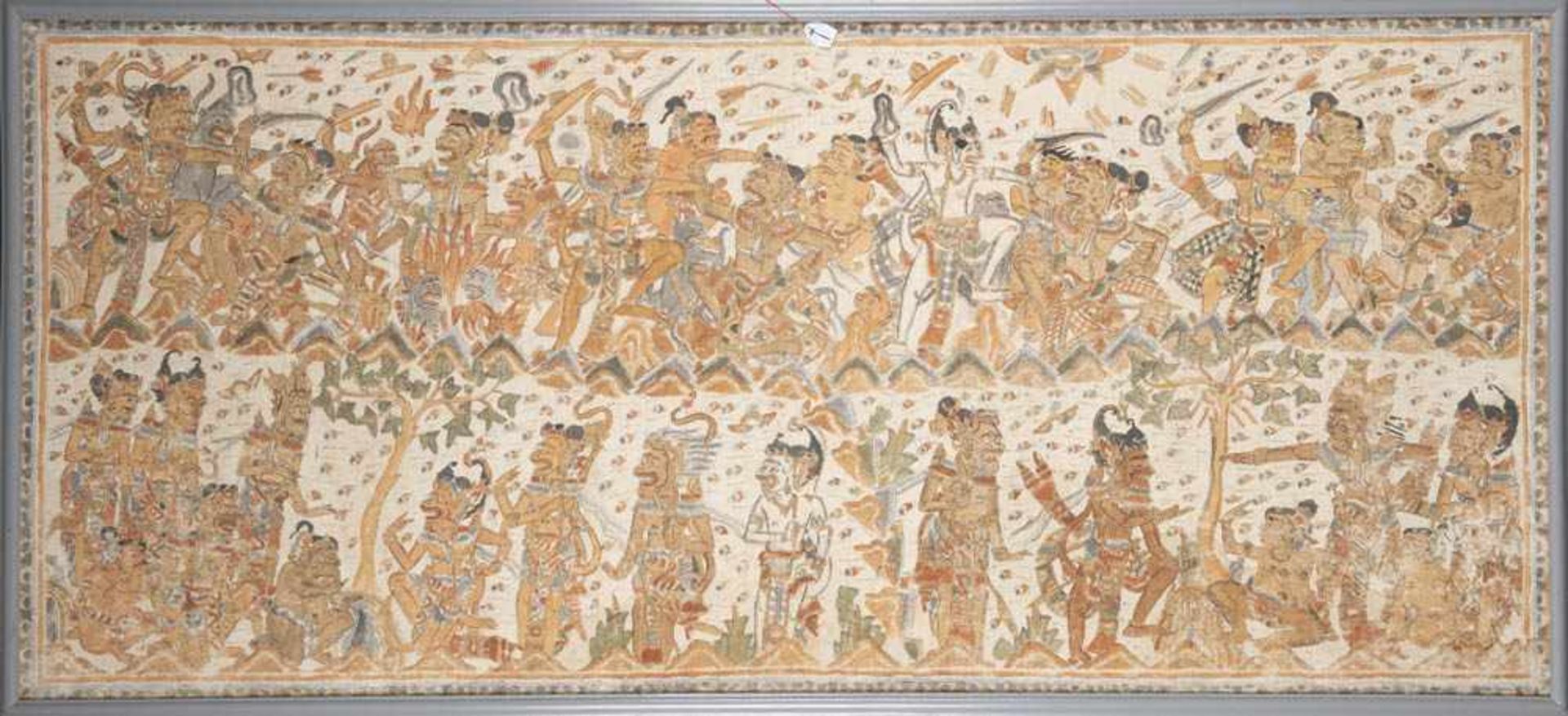 Große asiatische Batikmalerei mit Göttergefecht, gerahmt, 83 x 185 cm.