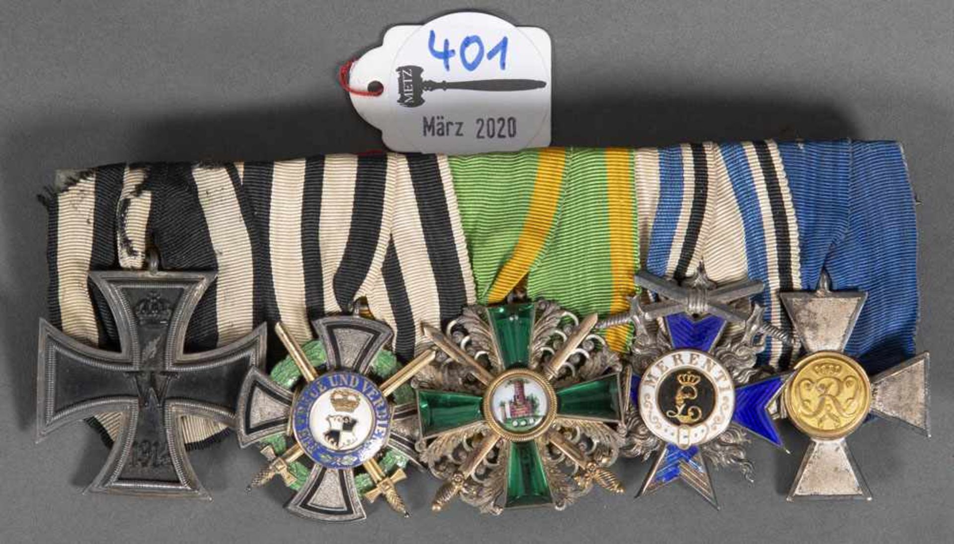 Fünftlge. Ordenspange des I. WK: EK II. Klasse, Ehrenkreuz Hohenzollern, Ritterkreuz vom Zähringer