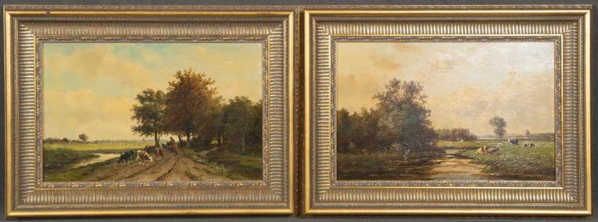 Willem Vester (1824-1895). Zwei Panoramalandschaften mit Vieh und Personenstaffage. Öl/Lw., li. bzw.