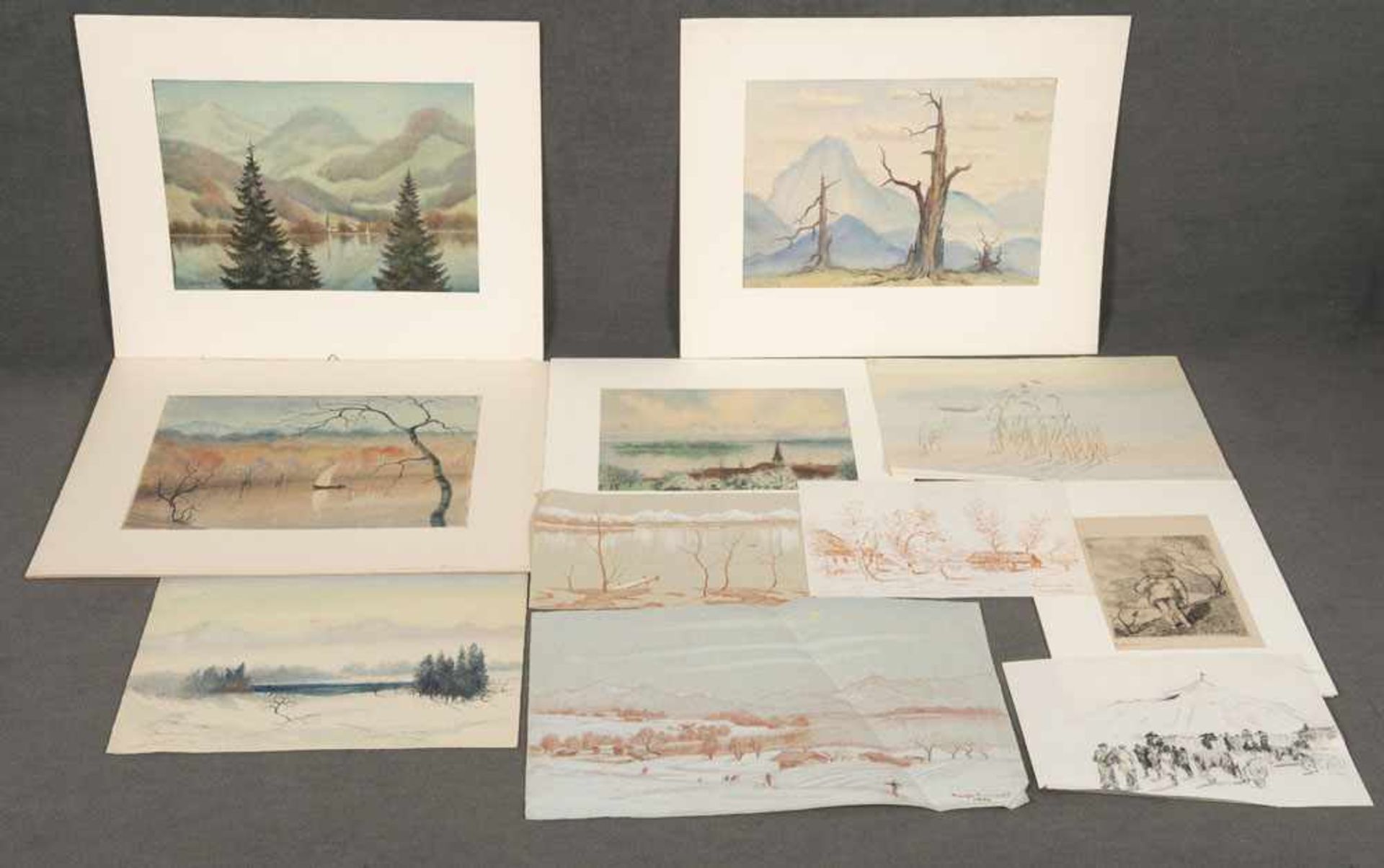 Mappe Eugen Vinnai (1889-1961) mit Landschaftsaquarellen, meist auf Papier, 1940er Jahre, 16,5 x