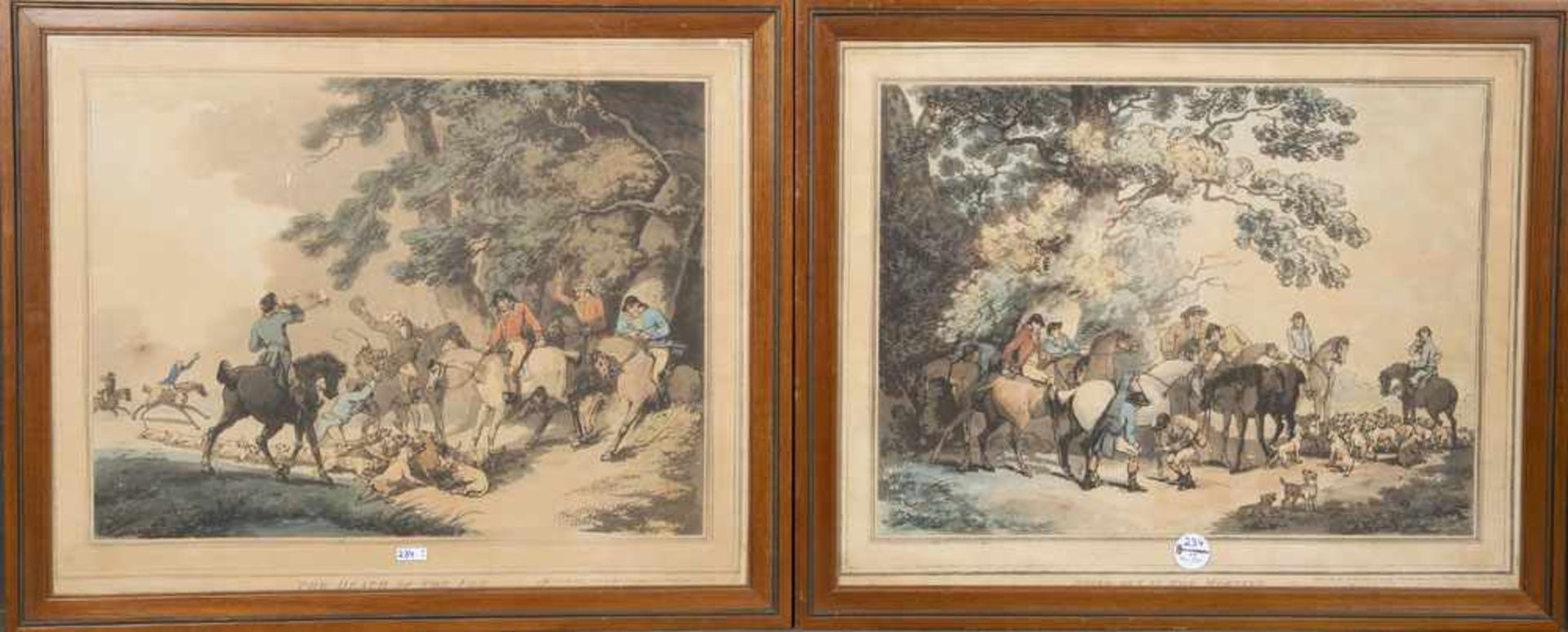 Thomas Rowlandson (1756-1827). Zwei Fuchsjagdszenen. Colorierte Lithographien, re./u./sign./dat.