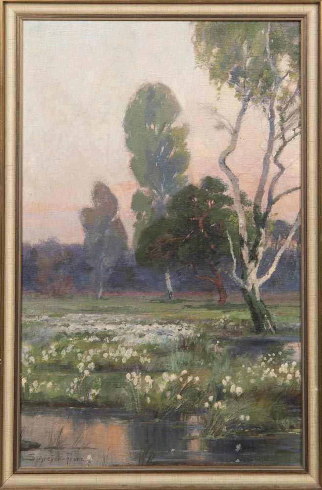 Franz Oskar Bernhard Schreyer (1858-1936). Blumenwiese mit Bäumen und Bachlauf. Öl/Lw., li./u./