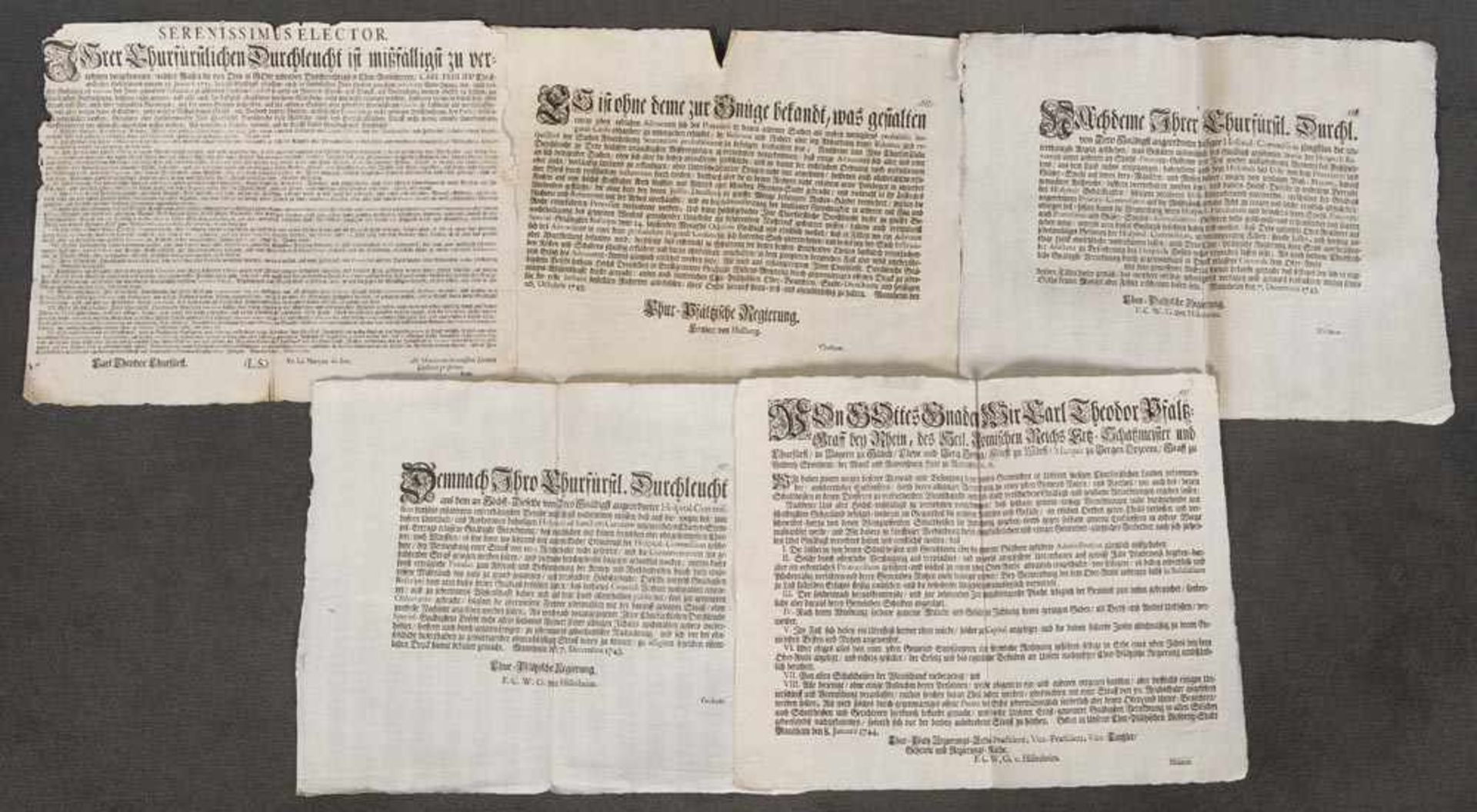 Fünf Verordungen aus der Regierungszeit des Kurfürsten Carl Theodor: 1743 zwei Erlasse zur