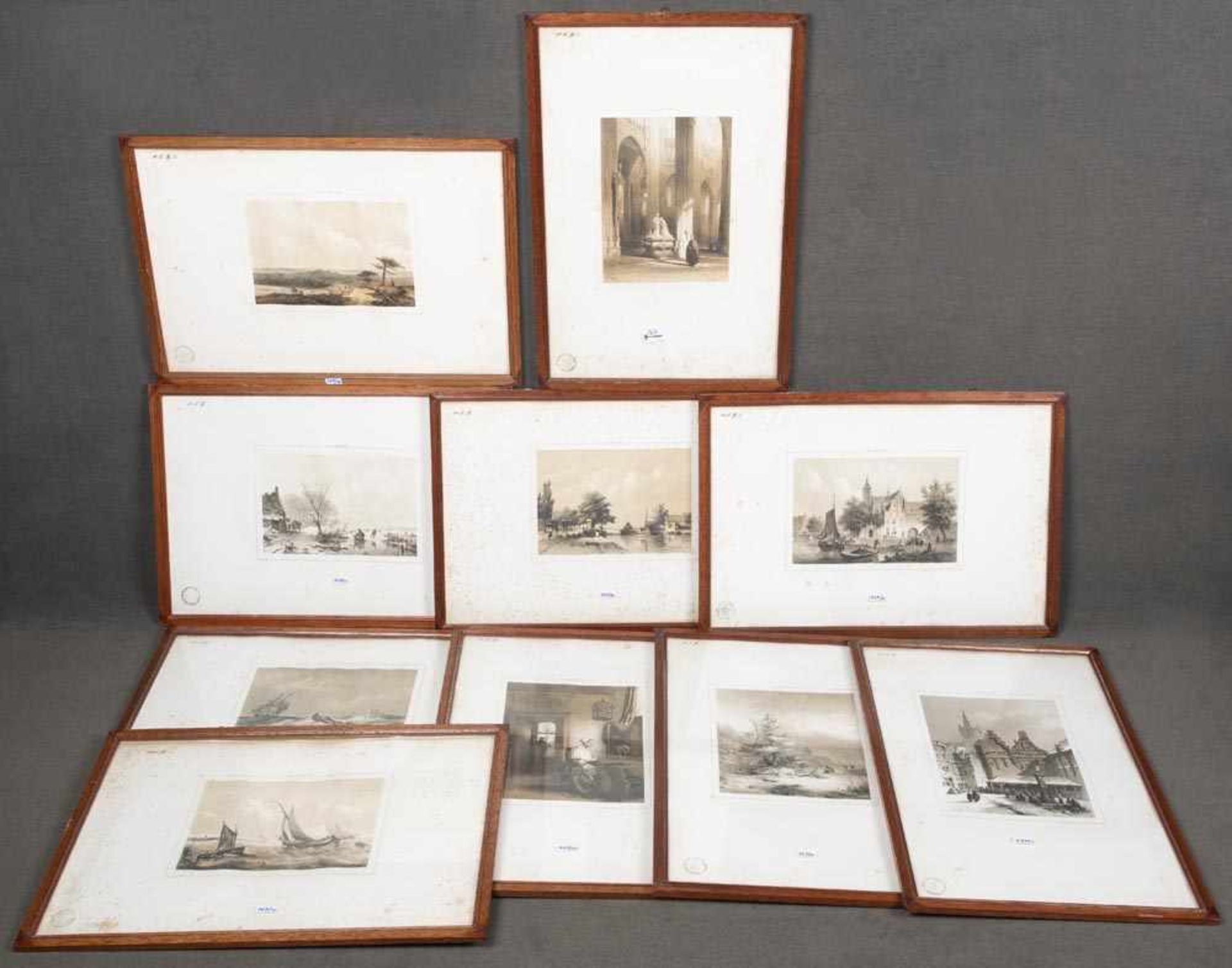 Zehn Lithographien des 19. Jhs. mit Landschaften und Stadtansichten u.a. von J. Bosboom, J.F.