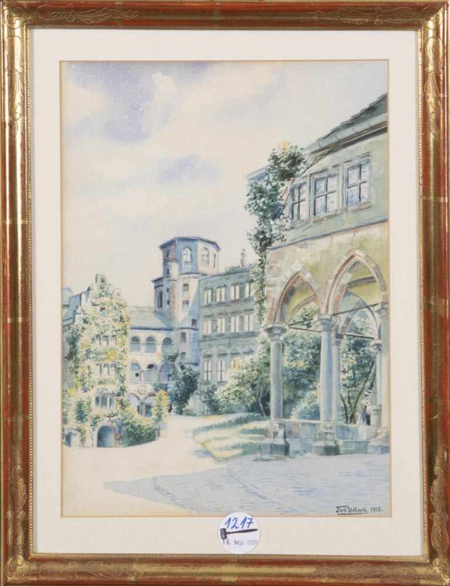Fred Ueberle (Maler des 19./20. Jhs.). Ansicht des Heidelberger Schloss-Innenhofes. Aquarell/Papier,