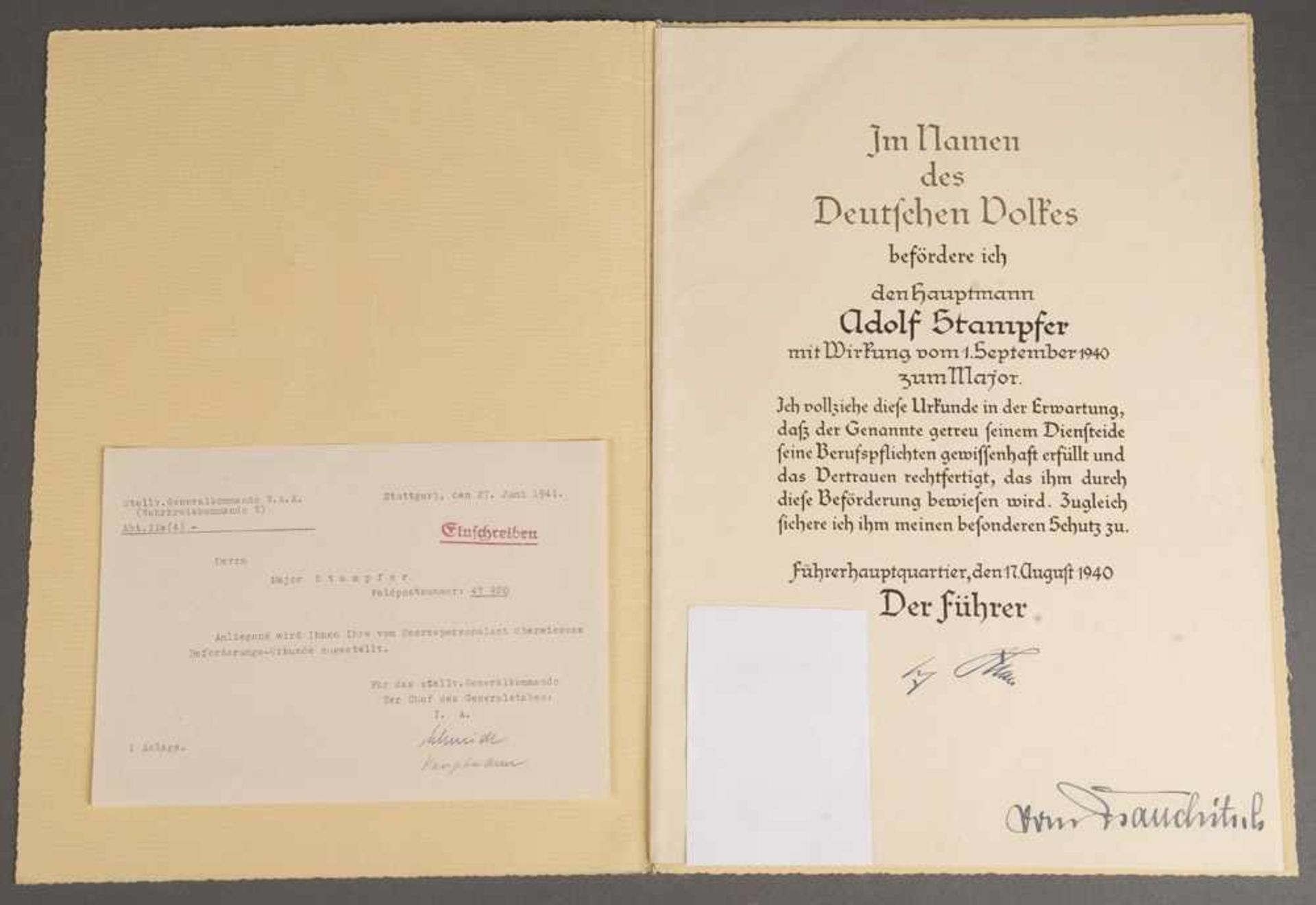 Ernennungsurkunde zum Major 1941 mit Unterschriften von A.H. und Walther von Brauchitsch, jeweils