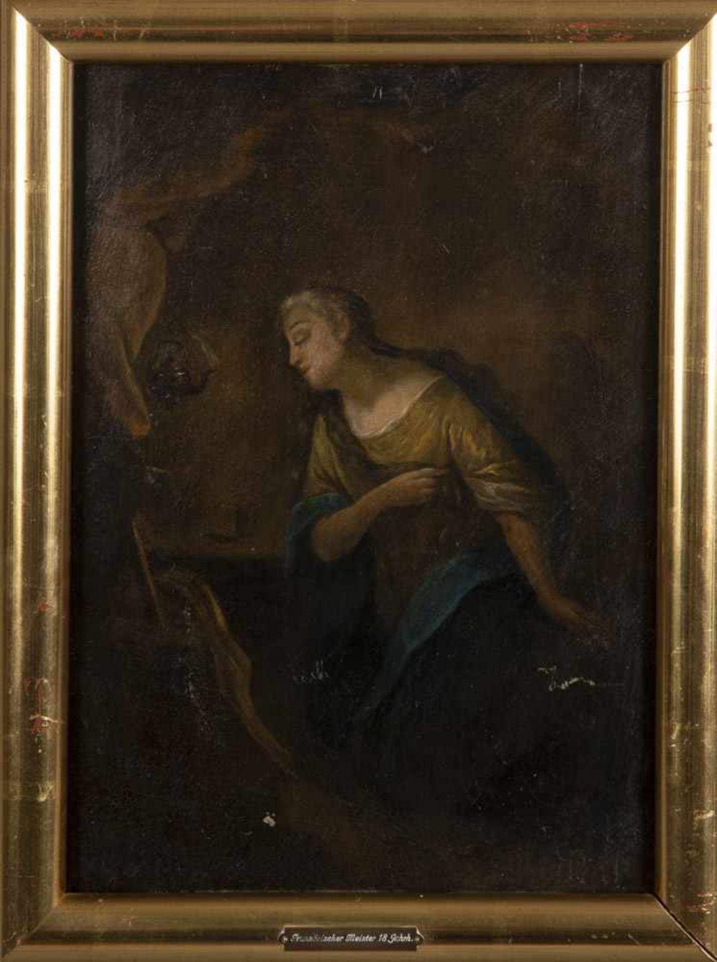 Maler des 18. Jhs. Knieende Frau vor Weihrauchlampe. Öl/Holz, gerahmt, 37,5 x 27 cm.