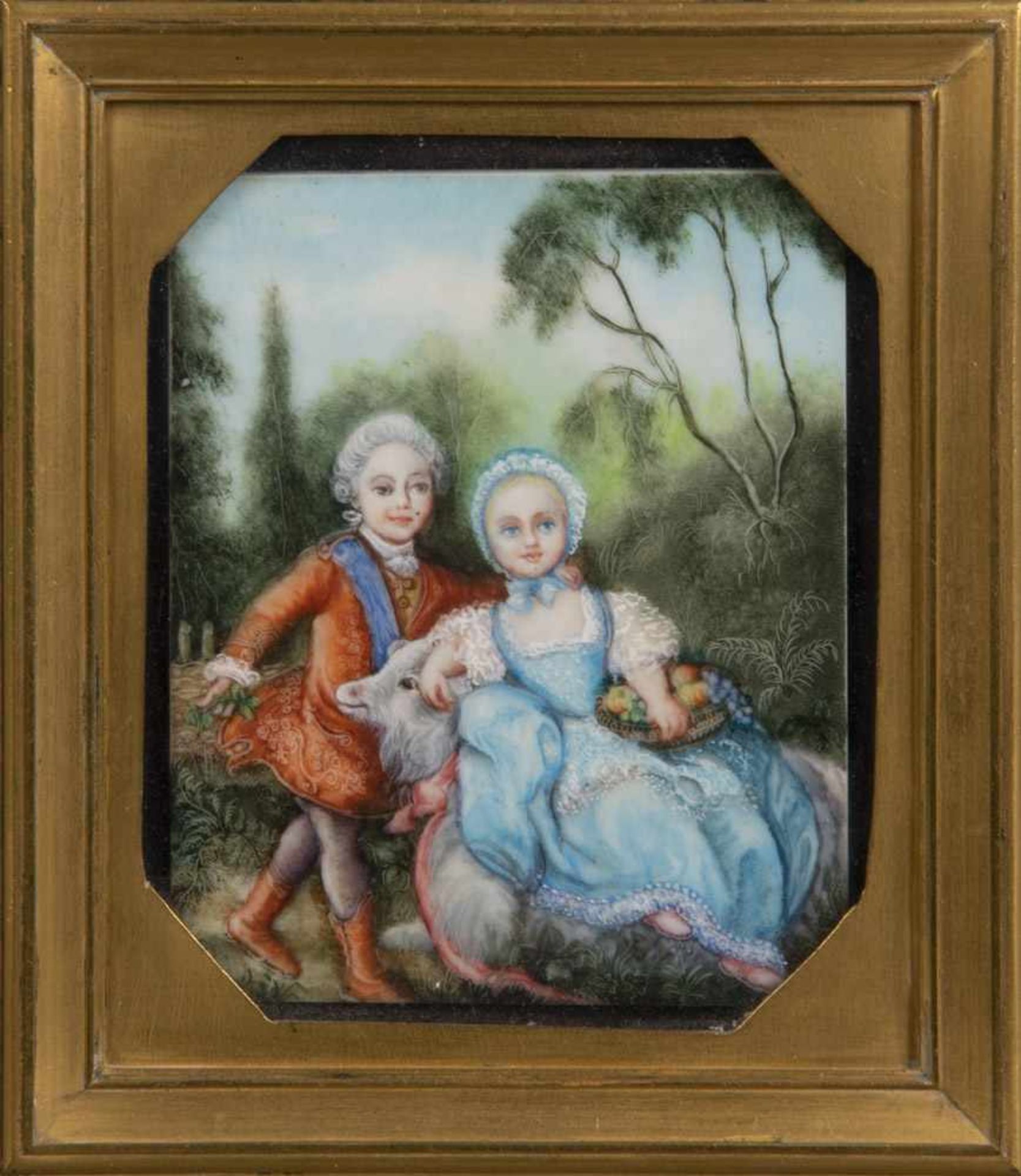 Miniaturist des 18. Jhs. Porträt eines Kinderpaares mit Ziege - dargestellt sind die jüngeren
