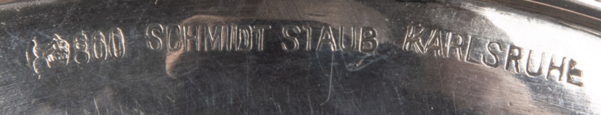 Runde Erinnerungsschale I. WK. Karlsruhe, Schmidt & Staub 1914. 800er Silber, ca. 57 g, verso - Bild 2 aus 2