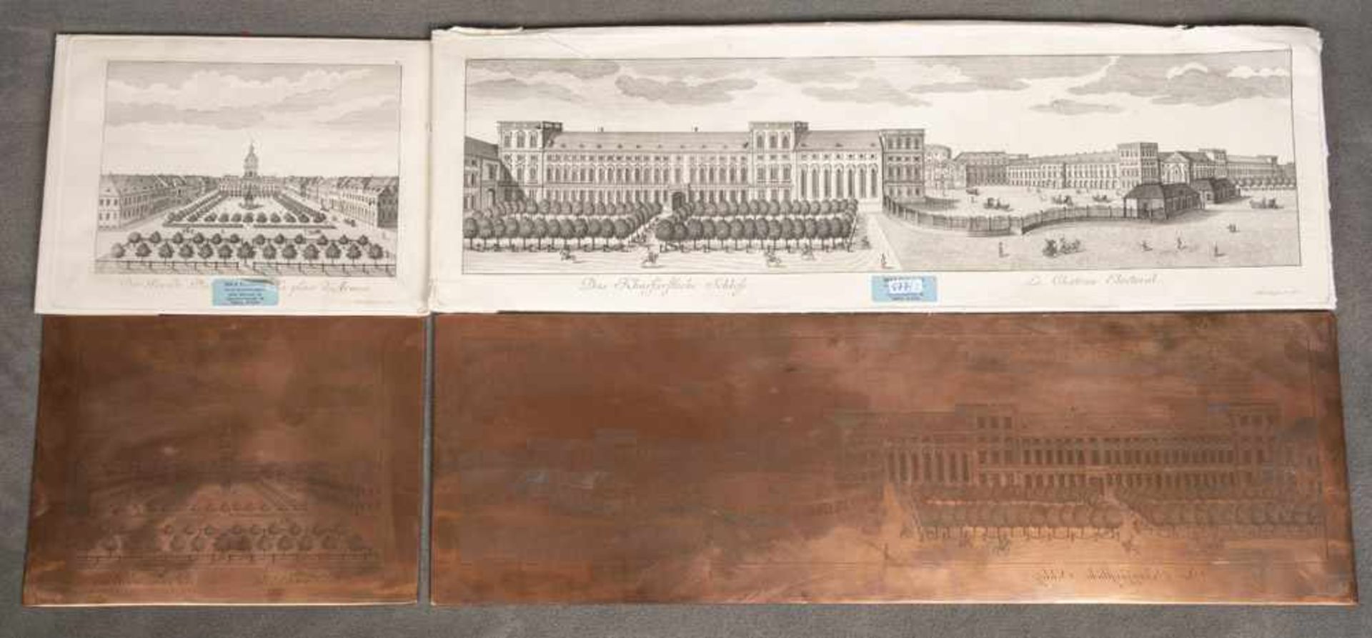 Zwei Kupferdruckplatten mit je einem Probedruck, 19./20. Jh., Der Parade Platz und Das