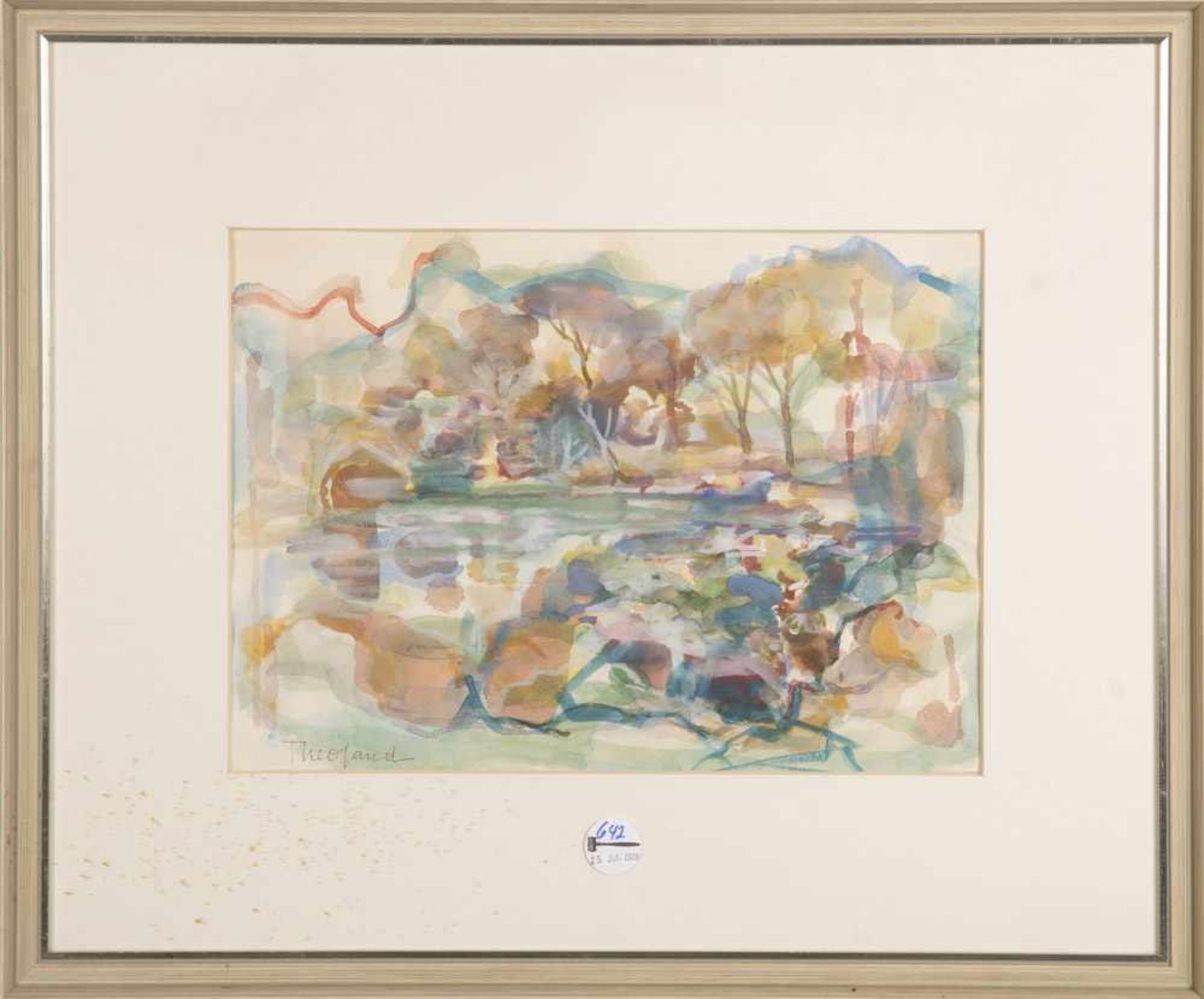 Theo Sand (geb. 1908). Landschaft mit See. Aquarell/Papier, li./u./sign., hi./Gl./gerahmt, 29 x 40