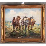 Hillmann (Maler des 20. Jhs.). Bauer mit drei Pferden. Öl/Lw., re./u./sign., gerahmt, 50 x 61 cm.