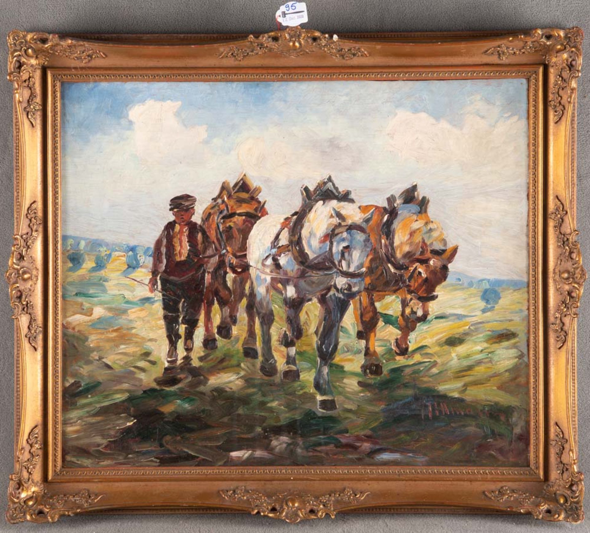 Hillmann (Maler des 20. Jhs.). Bauer mit drei Pferden. Öl/Lw., re./u./sign., gerahmt, 50 x 61 cm.