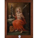 Maler des 18. Jhs. Hl. Hieronymus. Öl/Lw., auf Karton aufgezogen, gerahmt, 43,5 x 51 cm.