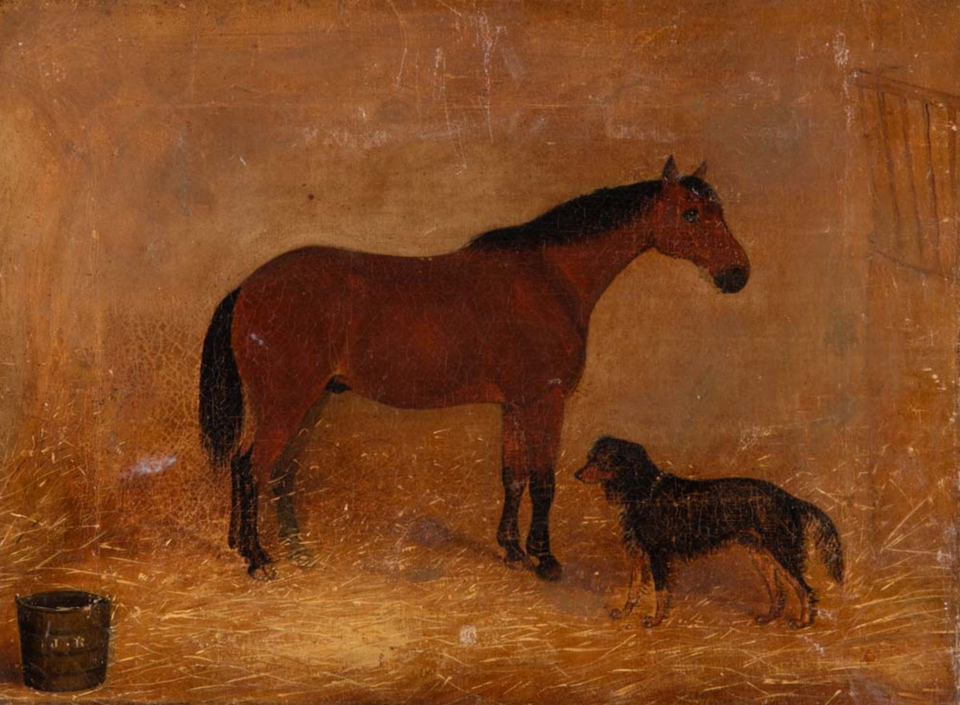 Maler des 19. Jhs. Pferd mit Hund im Stall. Öl/Lw., li./u./monogr. J.R., gerahmt, 30 x 40,5 cm.