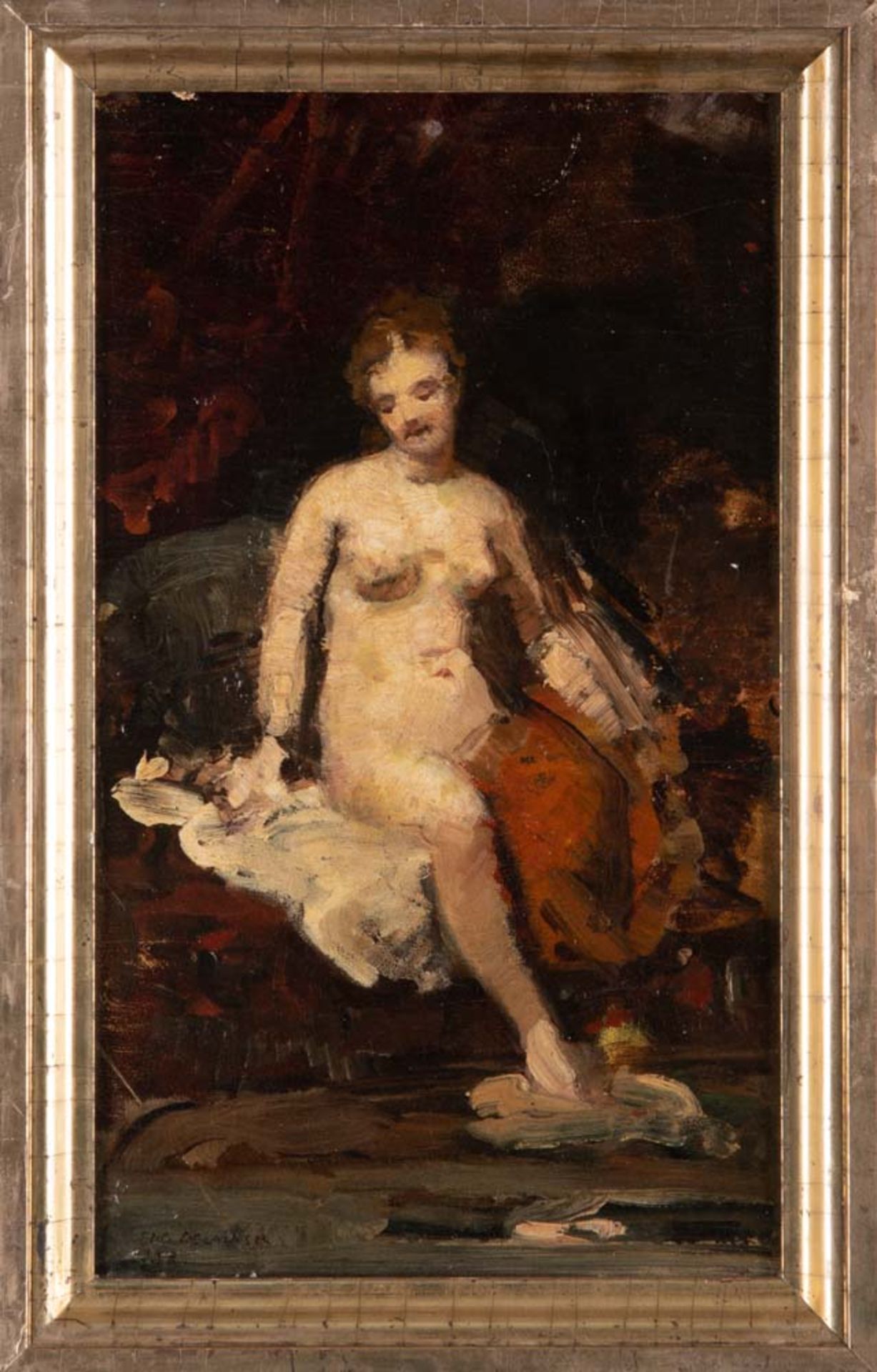 Französischer Maler des 19. Jhs. Frauenakt. Öl/Karton, li./u./ unleserlich bez./dat., gerahmt, 34,