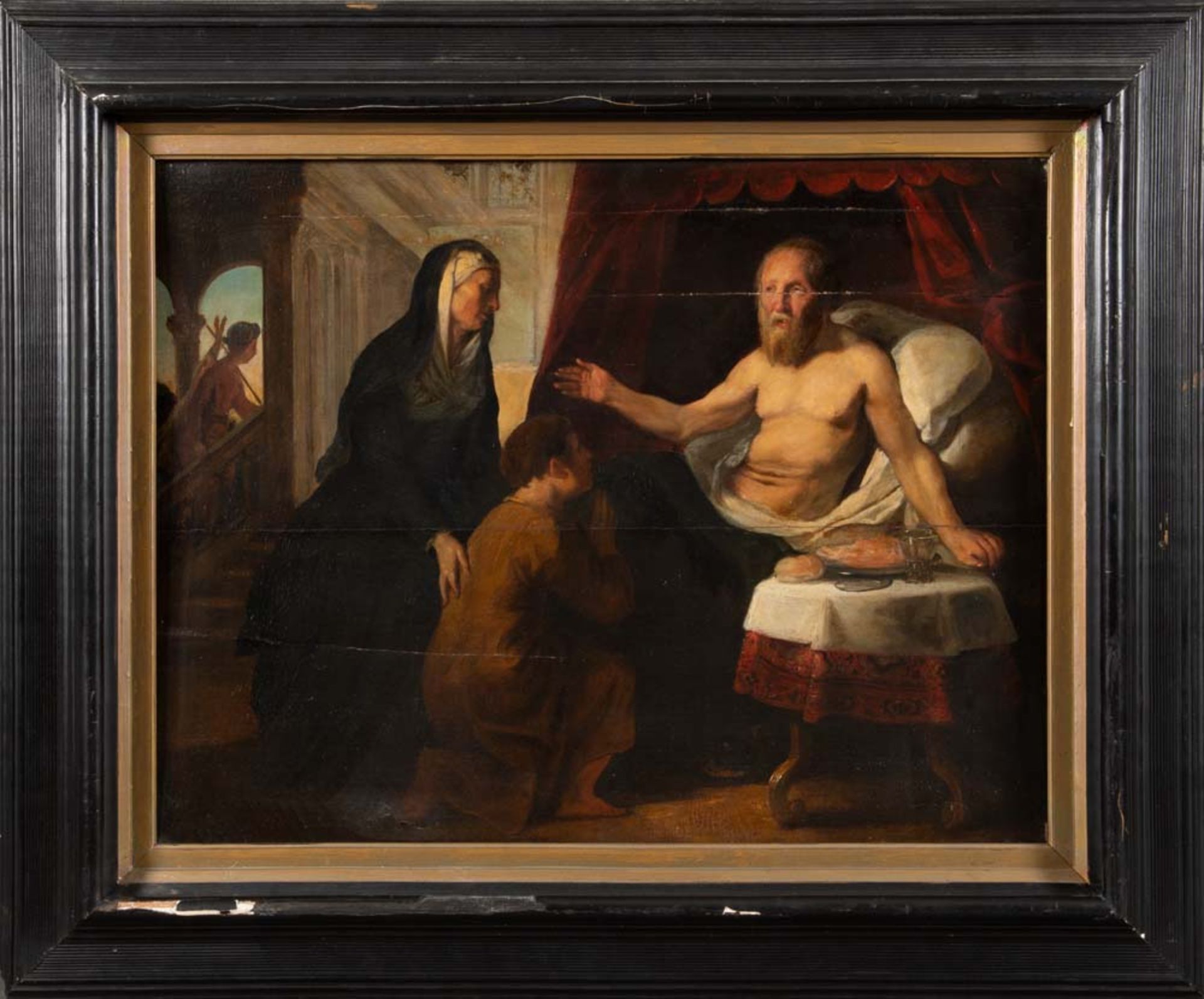 Maler des wohl 17. Jhs. Hl. Paulus mit Gläubigen. Öl/Holz, gerahmt, 49 x 63,5 cm. (besch.)