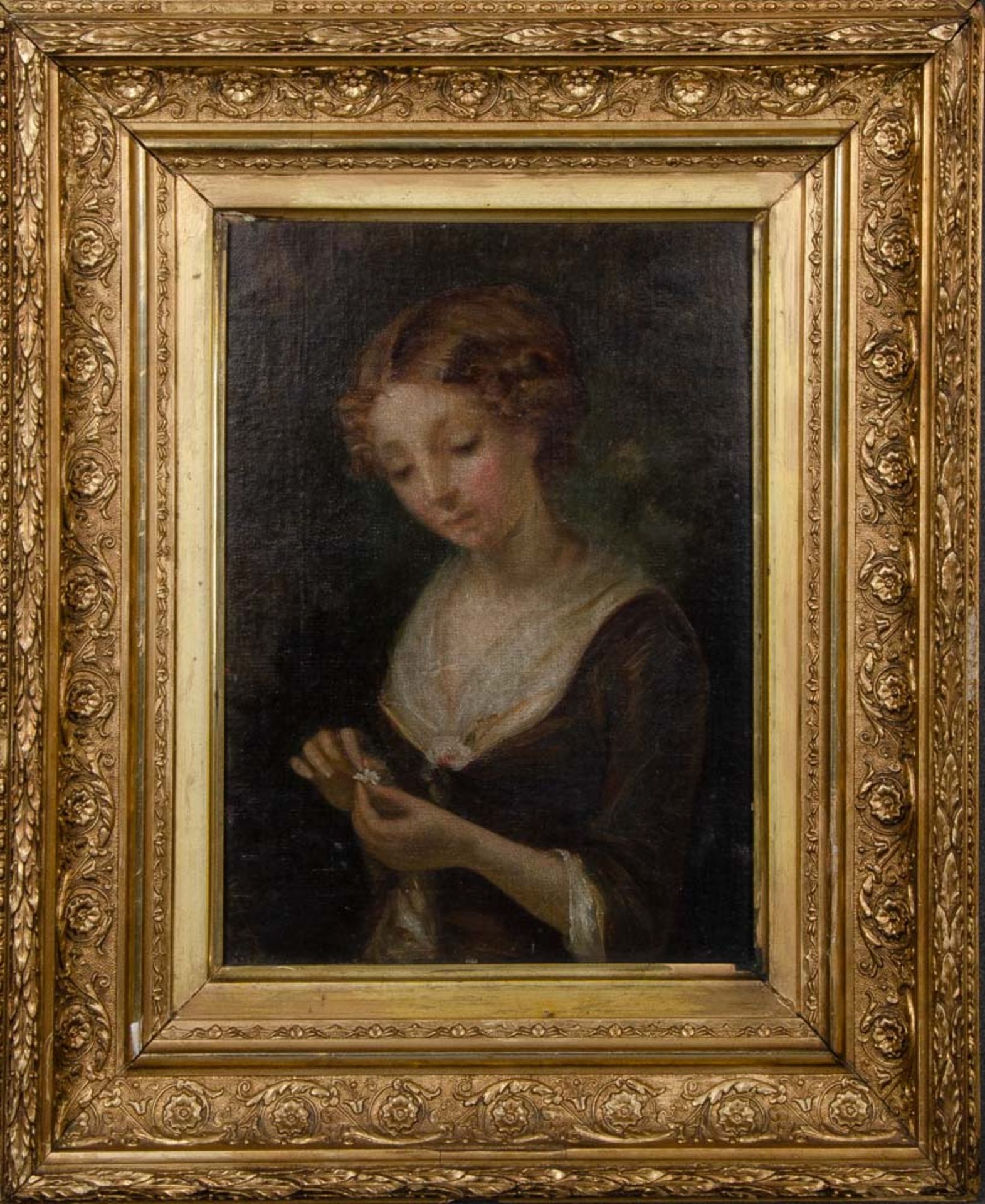 Maler des 19. Jhs. Mädchenportrait mit Blüte. Öl/Lw., li./u. unleserlich sign./dat. (18)86, 30,5