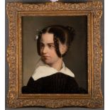 Maler des 19. Jhs. Porträt einer jungen Frau. Öl/Lw., aufgezogen, re./u. unleserlich sign./dat. 18