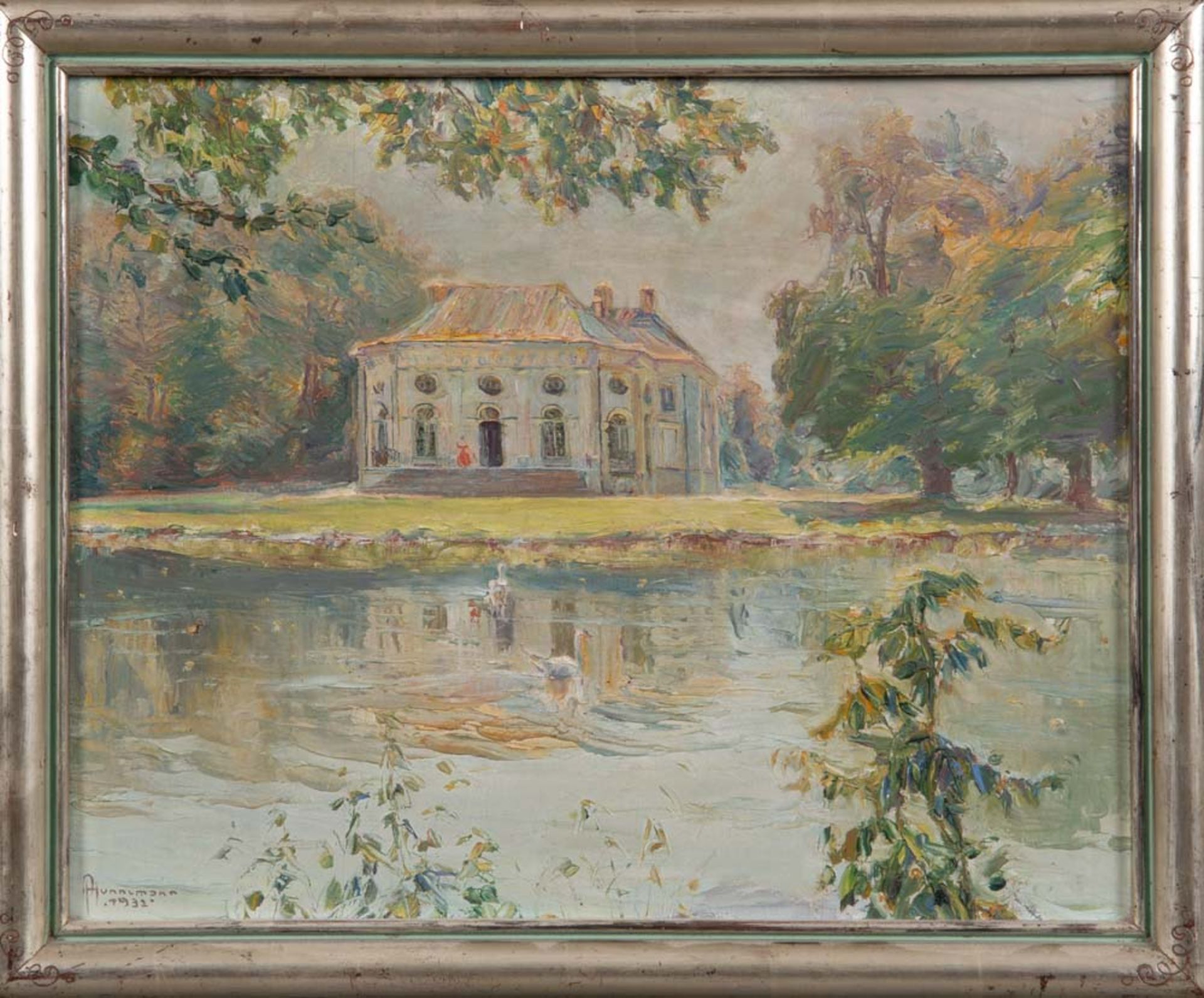 Albert Hunnemann (Maler des 20. Jhs.). Villa an einem See. Öl/Holz, li./u./sign./dat (19)32, gerahm