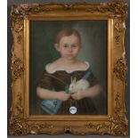 Deutscher Maler des 19. Jhs. Porträt eines Mädchens mit Hase. Pastell, hi./Gl./gerahmt, 43 x 36 cm