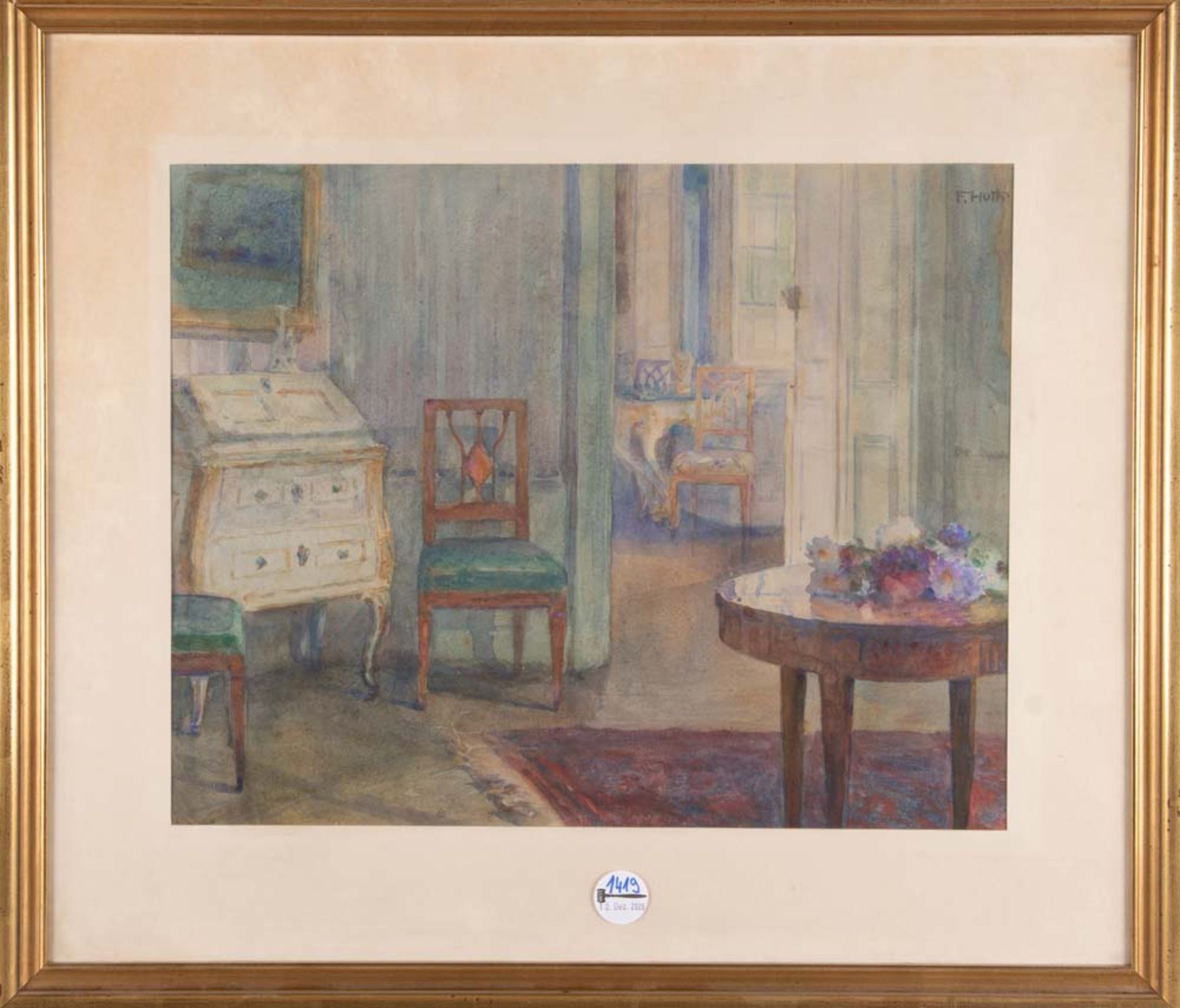 Franz Huth (1876-1970). Interieur. Aquarell/Papier, re./o./sign., hi./Gl./gerahmt, 38 x 47,5 cm.
