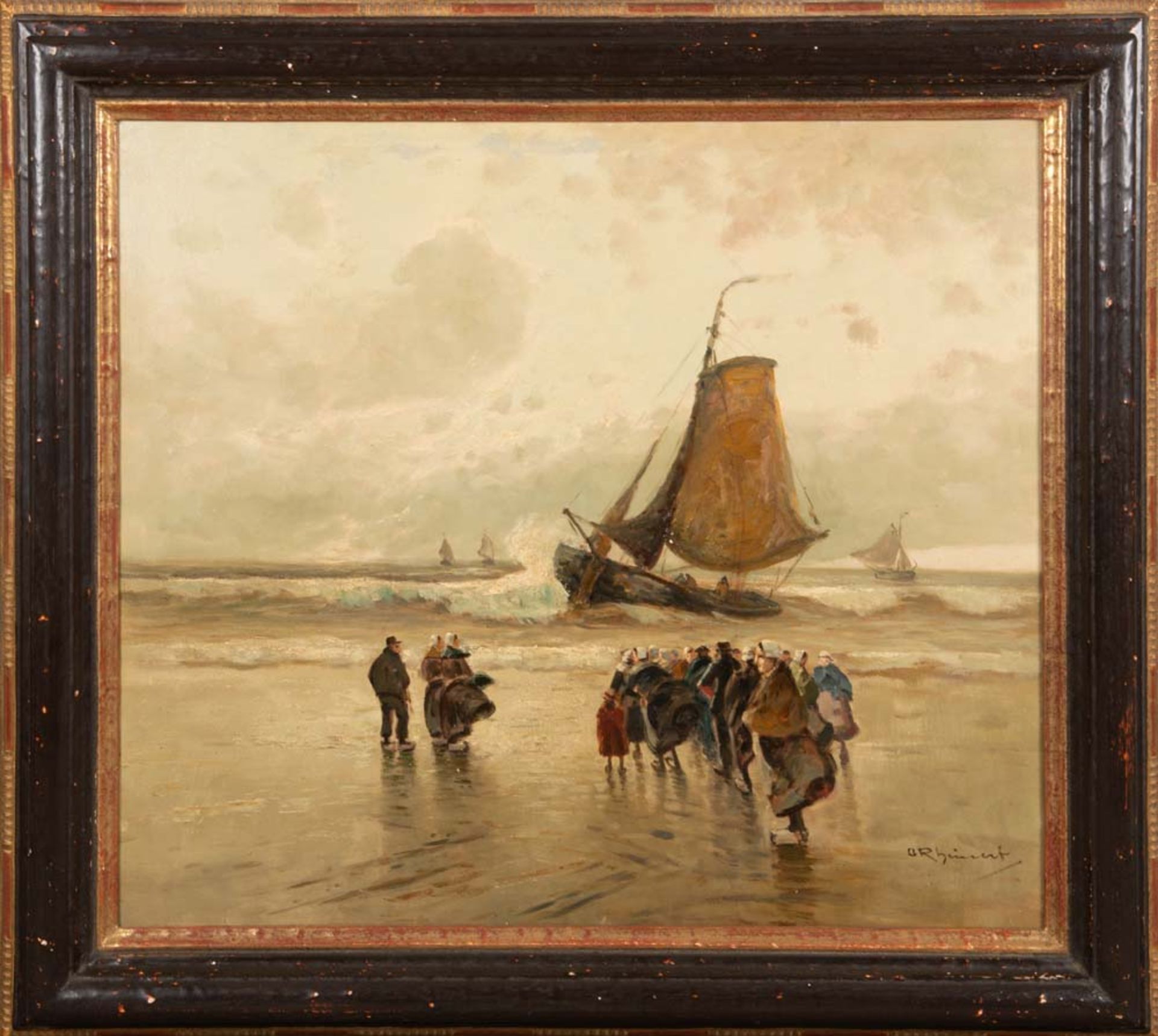 Adolf Rheinert (1879-1958). Segelboote am Strand. Öl/Lw., re./u./sign., gerahmt, 70 x 80 cm.