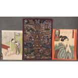 Zwei japanische Holzschnitte, coloriert, teilw. re./u./sign., und ein Tangka, 36 x 25,5 bis 48 x 34