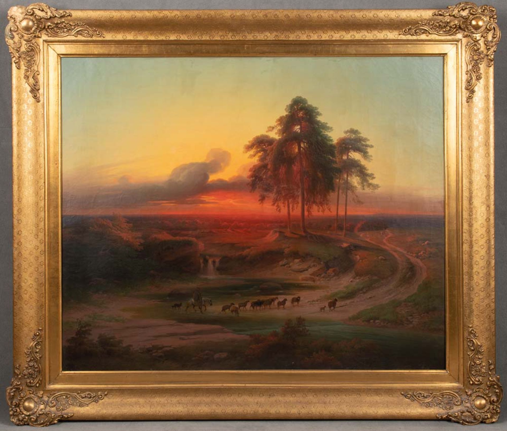 Maler des 19. Jhs. Schäfer mit Herde in Landschaft bei Sonnenuntergang. Öl/Lw., li./u. unleserlich