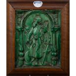 Ofenkachel. Wohl Nürnberg 17. Jh. Keramik, grün glasiert, gerahmt, 20 x 16 cm.